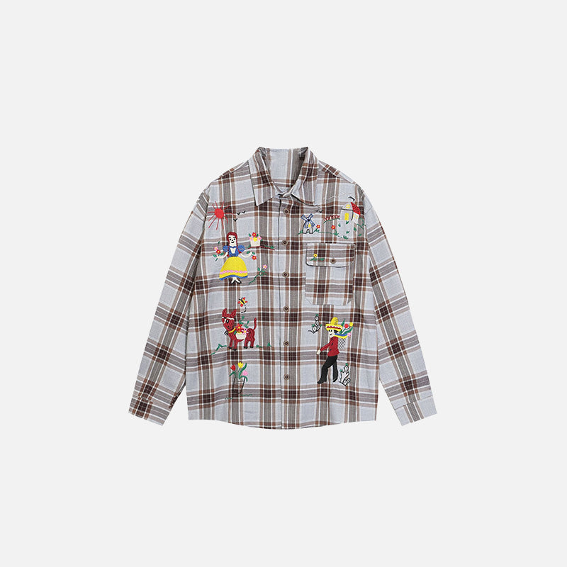 Front view of the grey Embroidered Plaid Shirt in a gray background