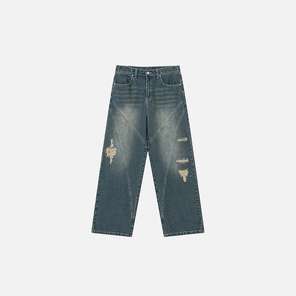 Front view of the blue Vintage Distressed Wide-Leg Jeans in a gray background