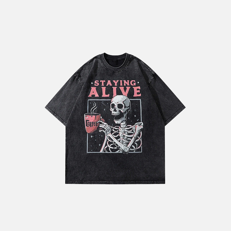 Front view of the black Staying Alive Skeleton T-shirt in a gray background