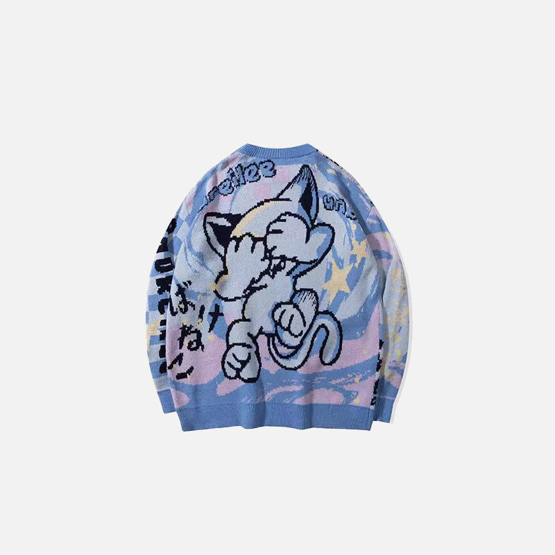 Back view of the blue Cartoon Graphic Sweater in a gray background