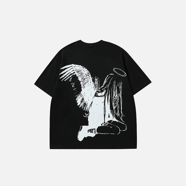 Back view of the black Loose Angel Wings Graphic T-shirt in a gray background