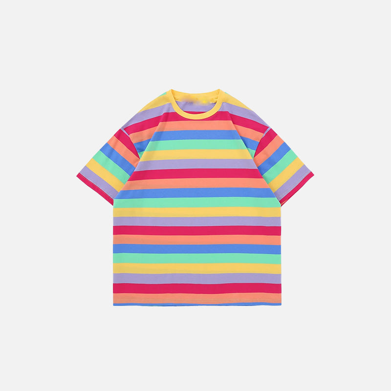 Front view of the yellow Pastel Rainbow Stripes T-shirt in a gray background