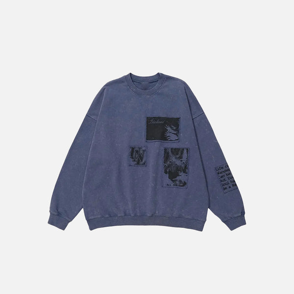 Front view of the purple Urban Patchwork Sweatshirt in a gray background