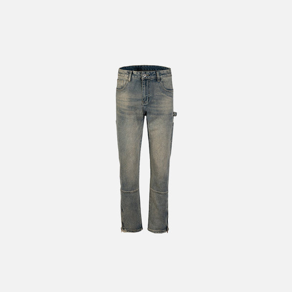 Front view of the blue Vintage Washed Straight-Leg Denim Jeans in a gray background