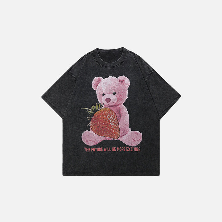 Front view of the black Loose Strawberry Bear Graphic T-shirt in a gray background