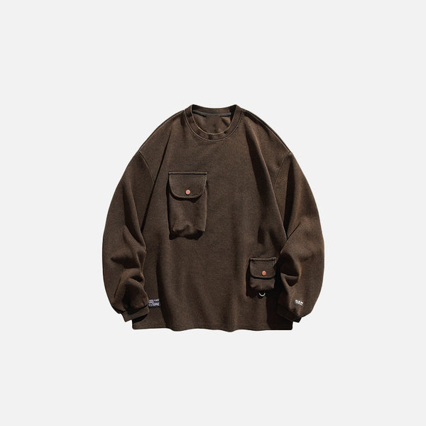 Front view of the dark coffee Utility Cargo Sweatshirt in a gray background