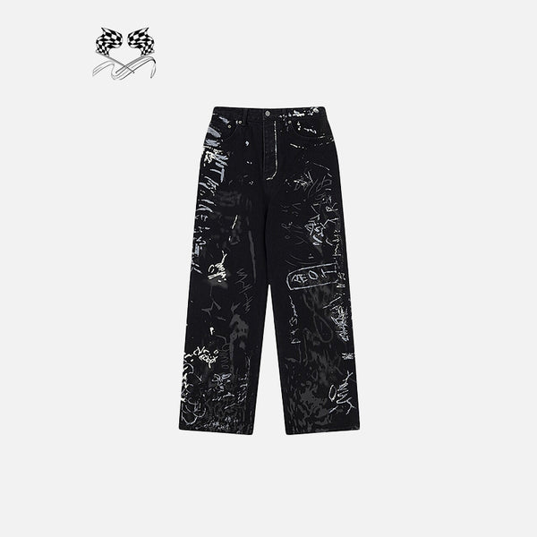 Gothic Graffiti Print Denim Pants