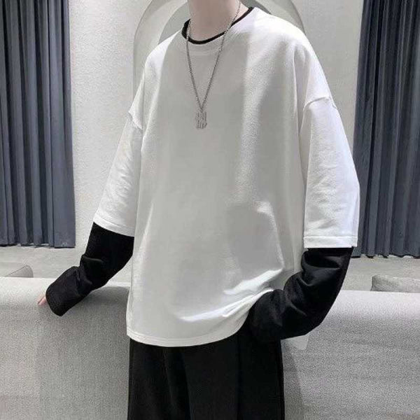 Patchwork Round Neck Long-sleeved T-shirt