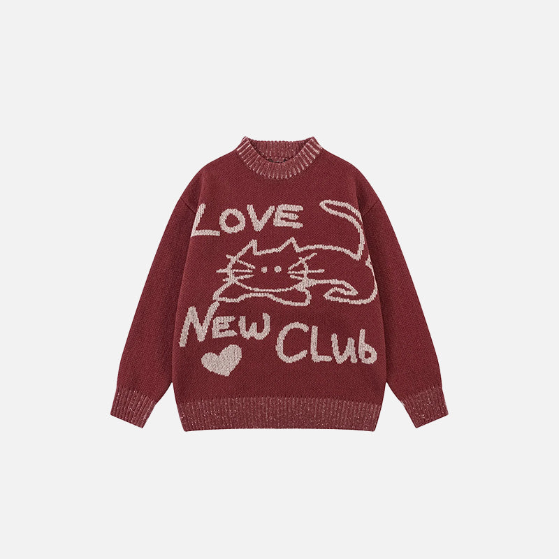 Front view of the red Cat's Cozy Club Sweater in a gray background