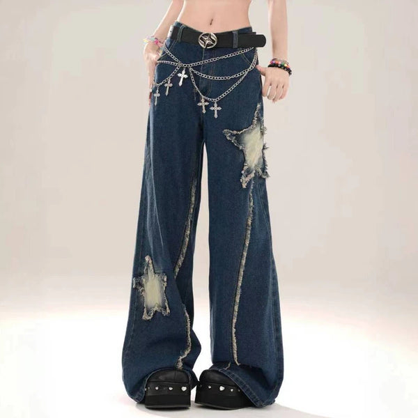 Model wearing the blue Distressed Star Patch Flare Jeans 