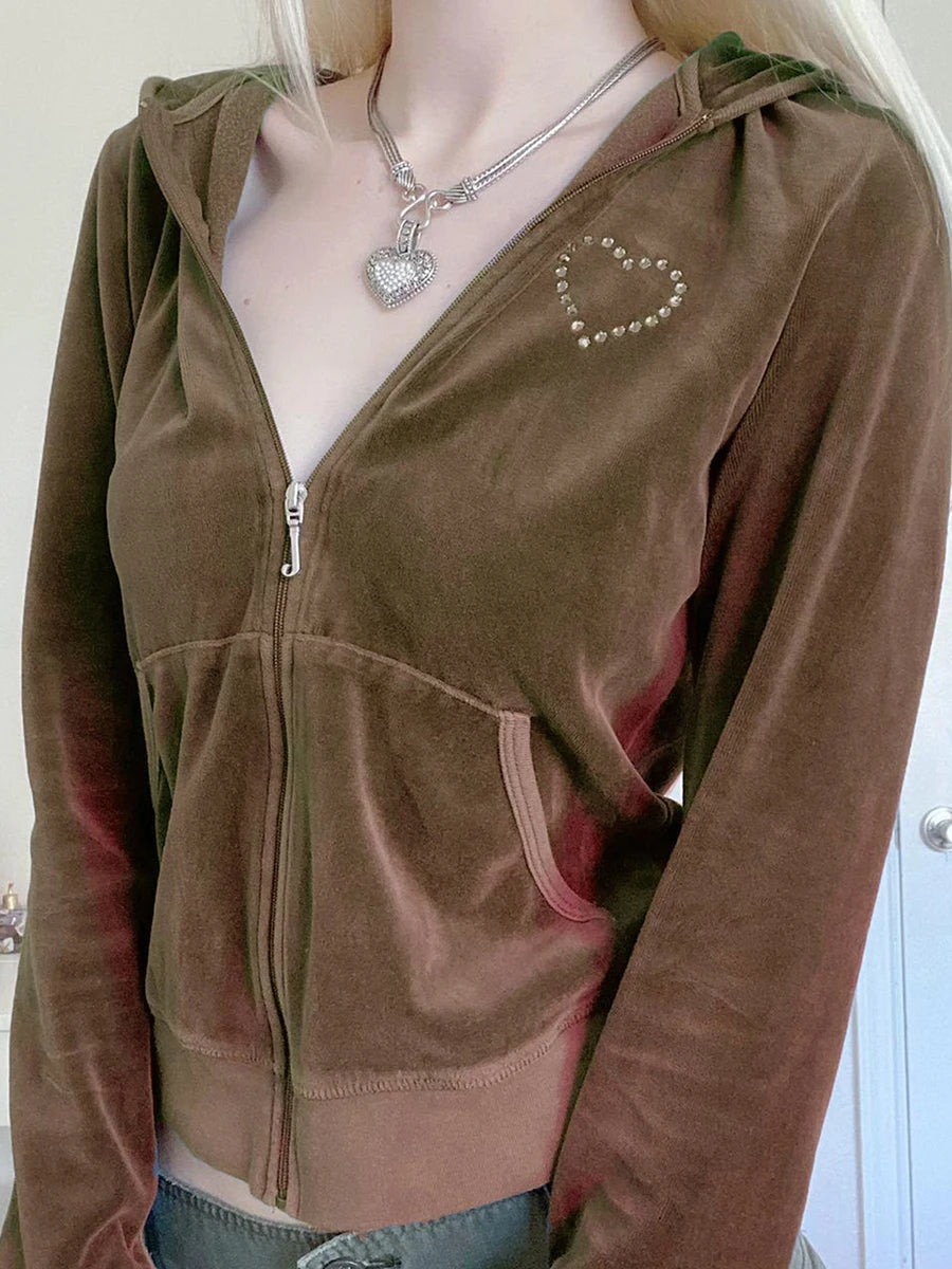 Model wearing the brown Crystal Heart Zip-Up Jacket