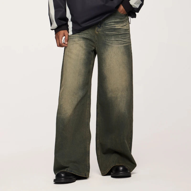 Model wearing the green Vintage Washed Wide-Leg Jeans