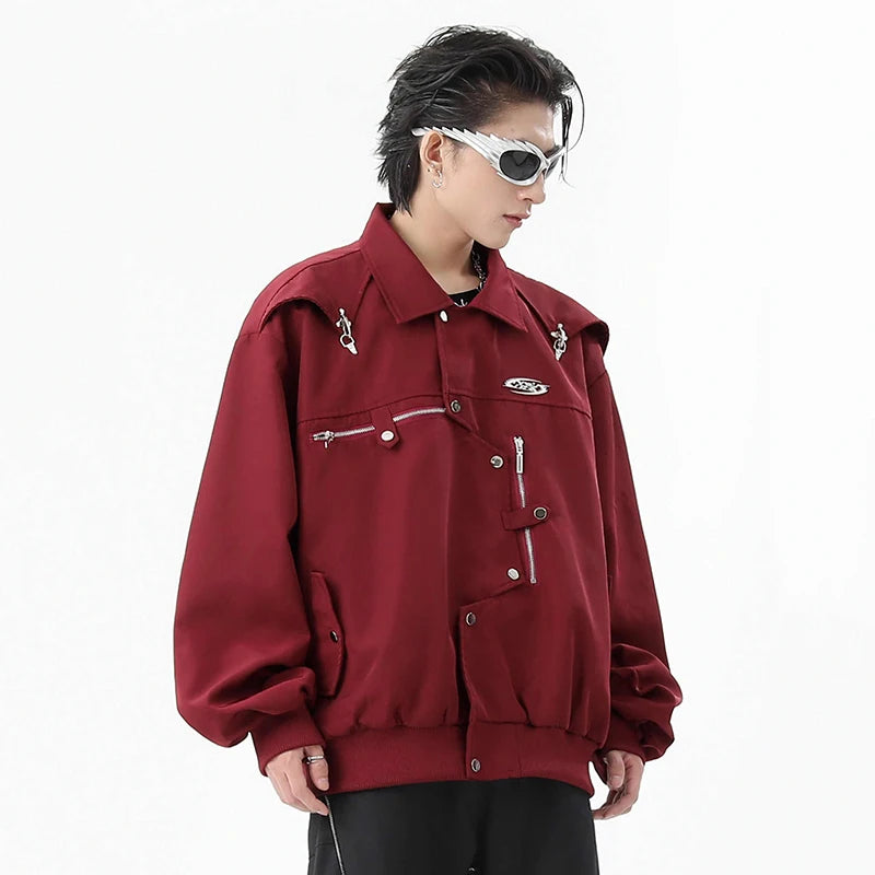 Model wearing the red Oversized Utility Jacket