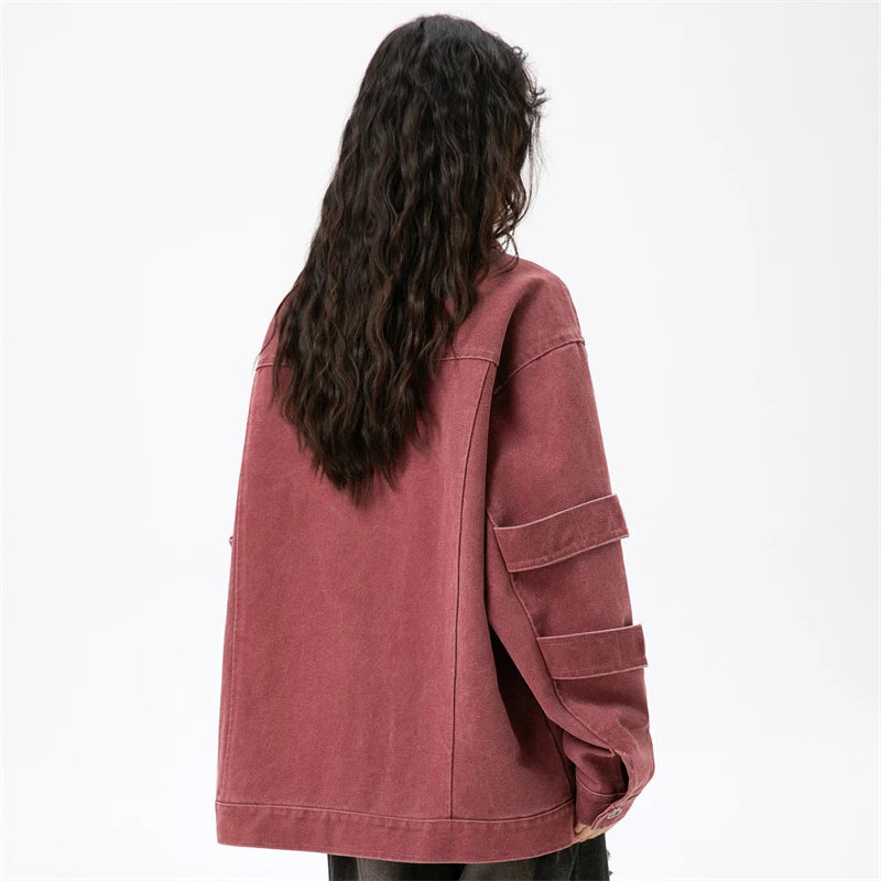 A girl showing the back view of the red Y2K Vintage Street Punk Women's Jacket from DAXUEN.