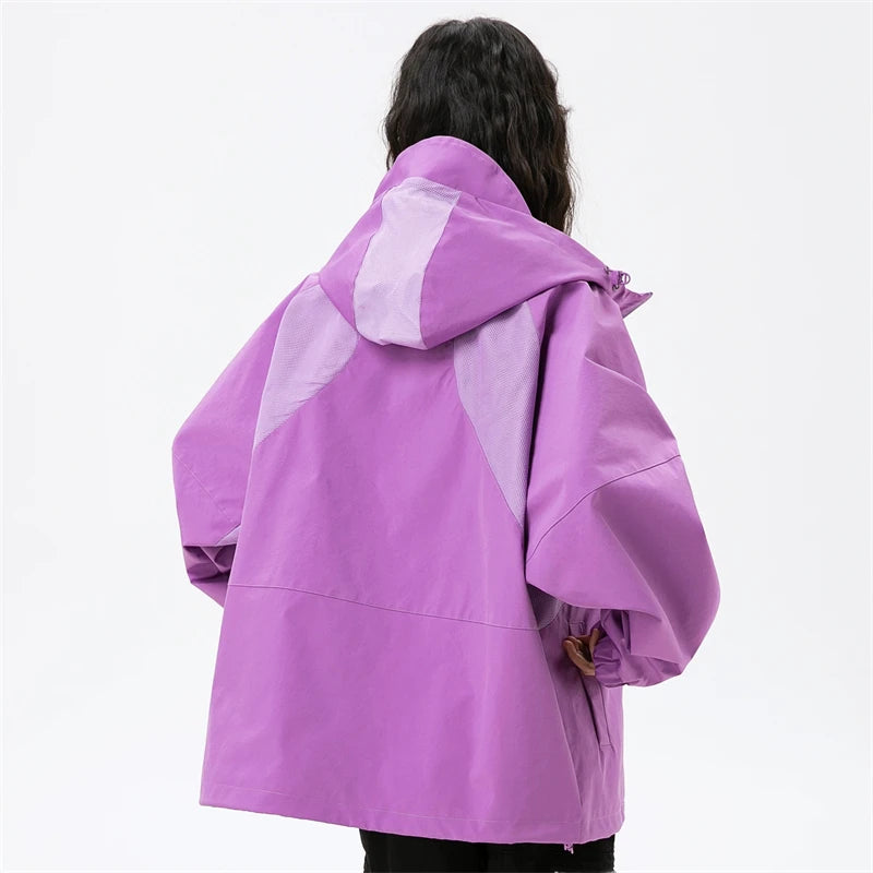 Back view of the puple Patchwork Solid Thin Windbreaker Jacket from DAXUEN.