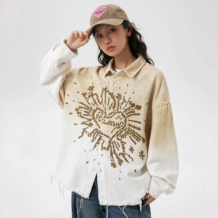 Model wearing the yellow Elegant Embroidered Loose Shirt in a gray background 