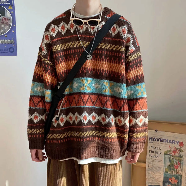 Model wearing the brown Geometric Pattern Knit Sweater