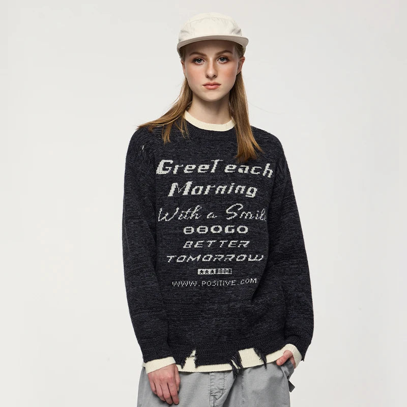 Model wearing the black Positive Morning Text Sweater 