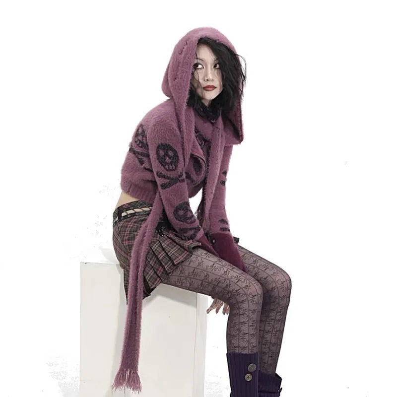 Model wearing the purple Skull Hooded Wrap Sweater in a gray background