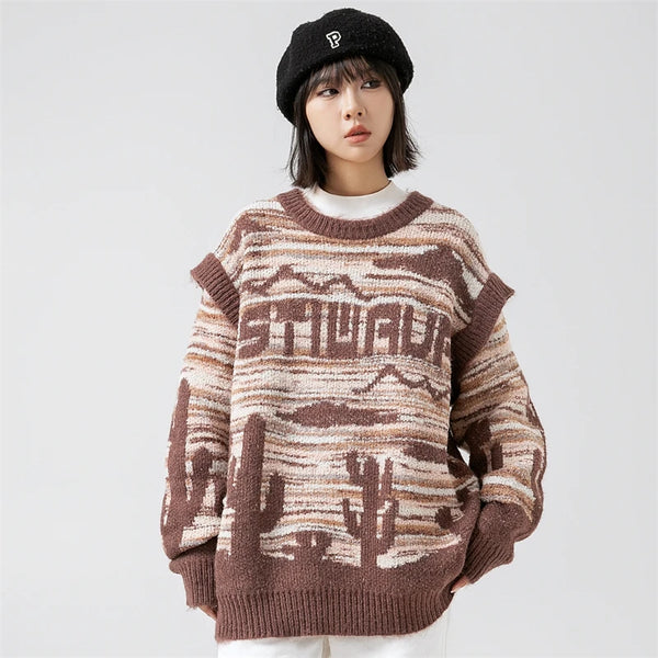 Model wearing the coffee Women's Desert Waves Cactus Knit Sweater in a gray background