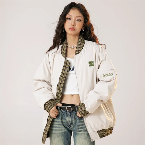 Model wearing the apricot Urban Chic Bomber Jacket