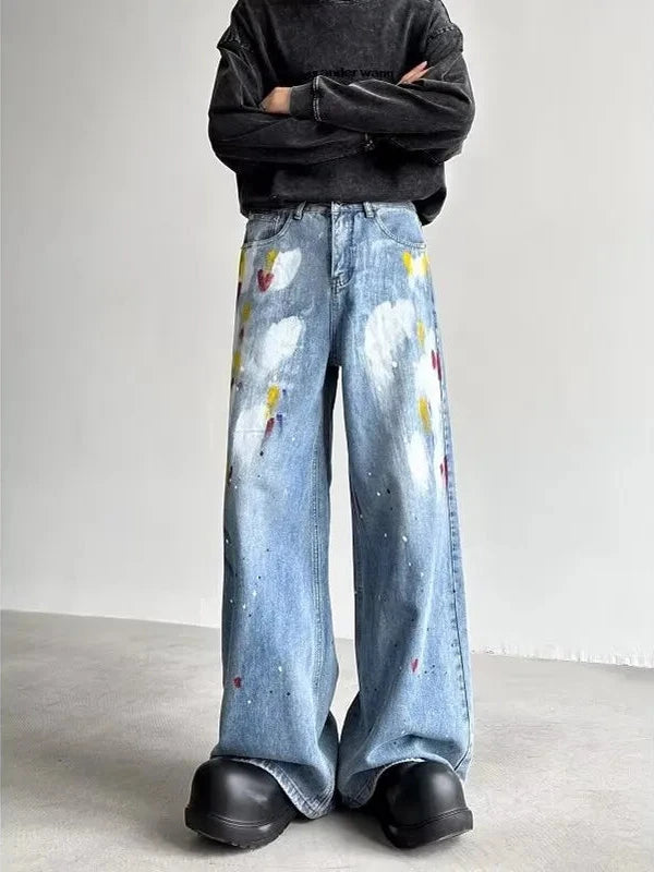 Model wearing the blue Y2K Art Splash Jeans