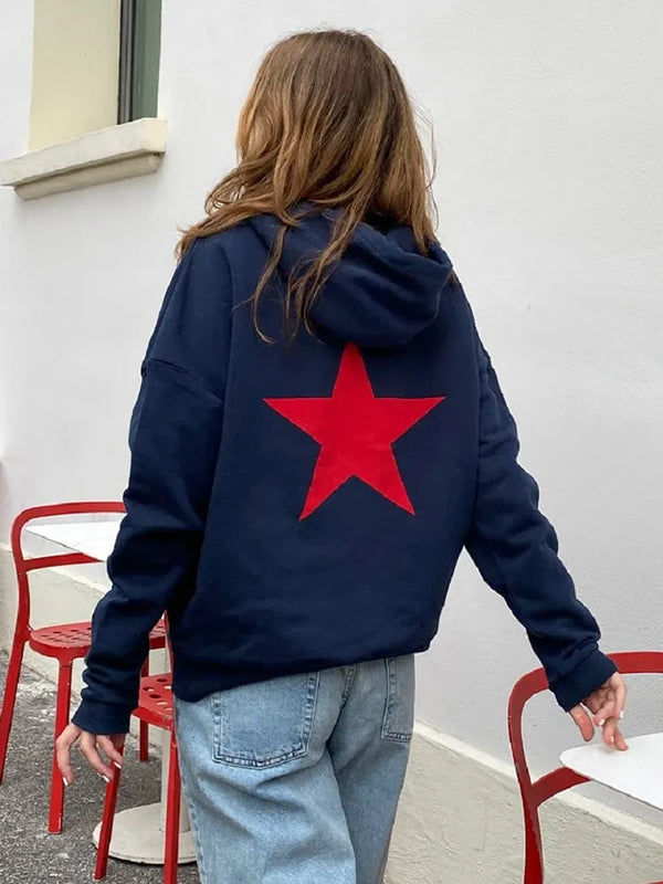 Model wearing the blue Y2k Star Print Hoodie 