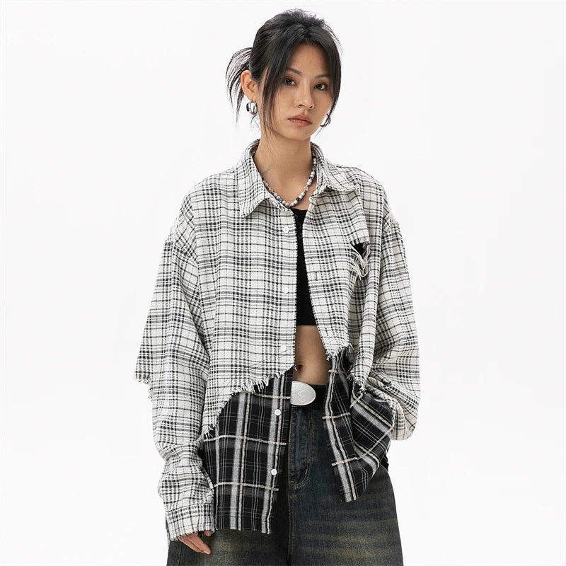 Model Wearing the white Women's Plaid Patchwork Shirt in a gray background