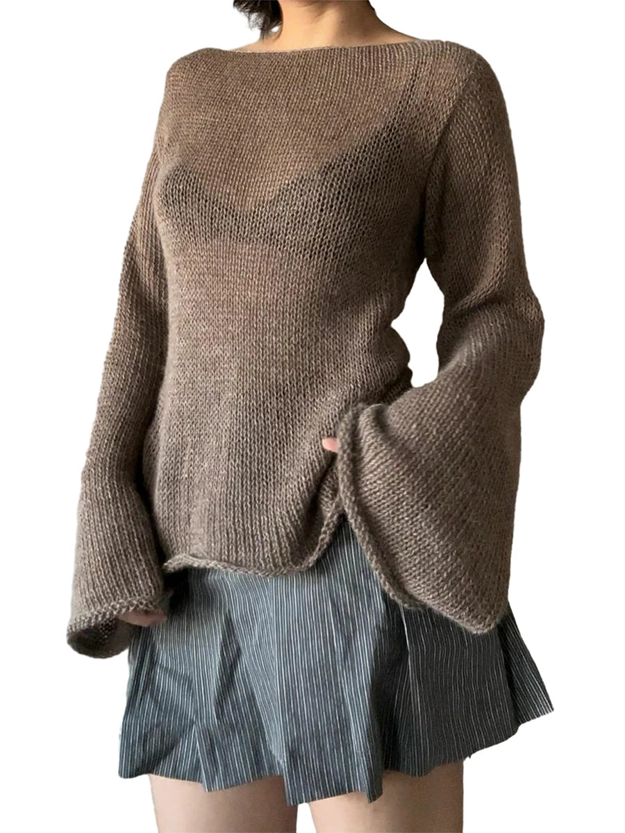 Model wearing the brown Y2K Knit Flared-Sleeve Sweater