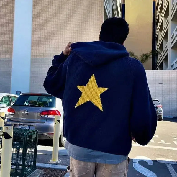 Model wearing the navy Y2K Starburst Hoodie