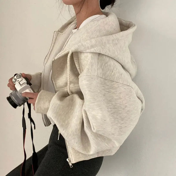 Model wearing the beige Y2k Retro Layered Hoodie 