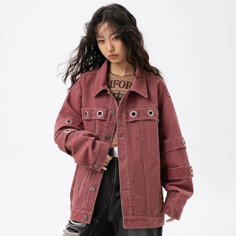 A girl wearing the red Y2K Vintage Street Punk Women's Jacket from DAXUEN