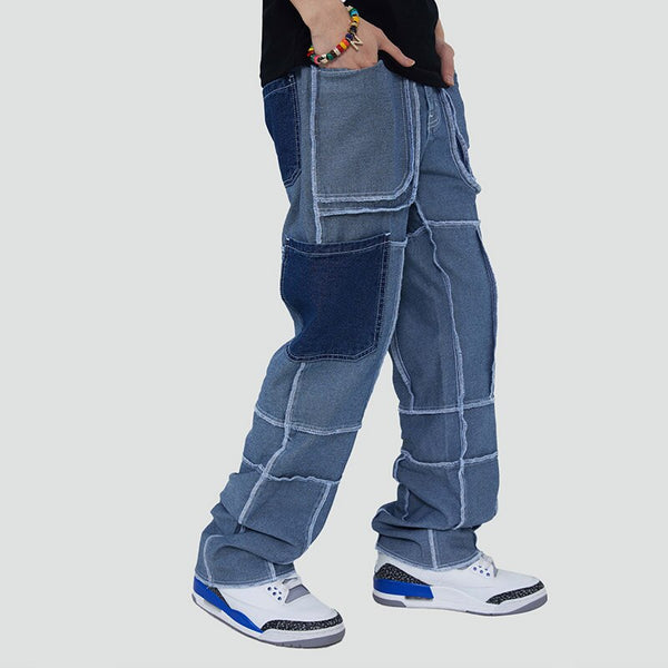 Patchwork Washed Straight Denim Pants