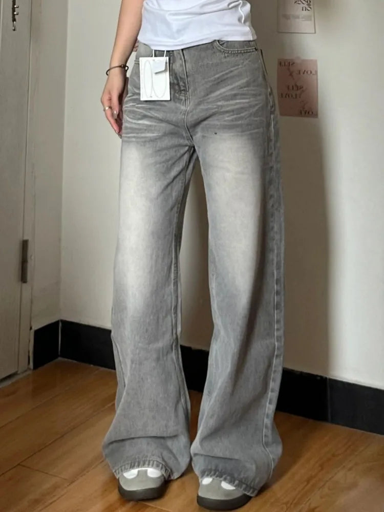 Model wearing the gray Wide-Leg Relaxed Jeans