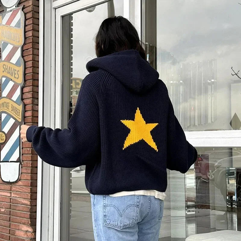 Model wearing the navy Y2K Starburst Hoodie