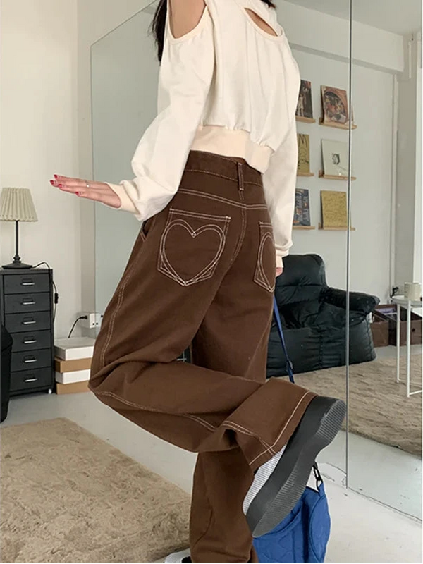 Brown Heart High-waisted Straight Jeans