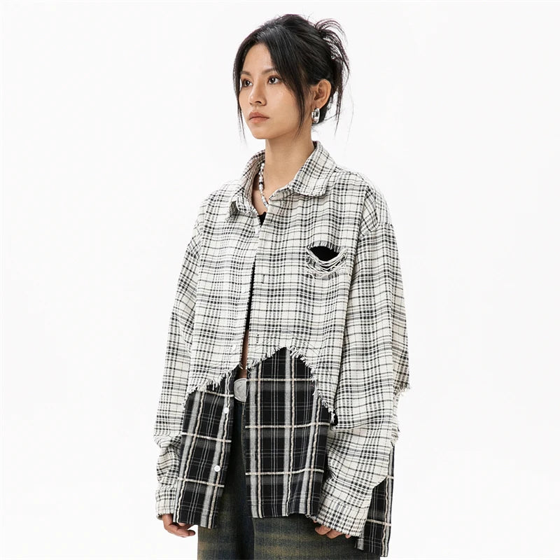 Model Wearing the white Women's Plaid Patchwork Shirt in a gray background