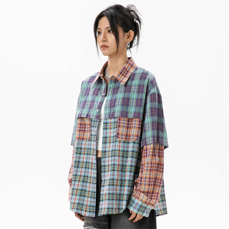 Model wearing the green Women's Patchwork Plaid Shirt in a gray background