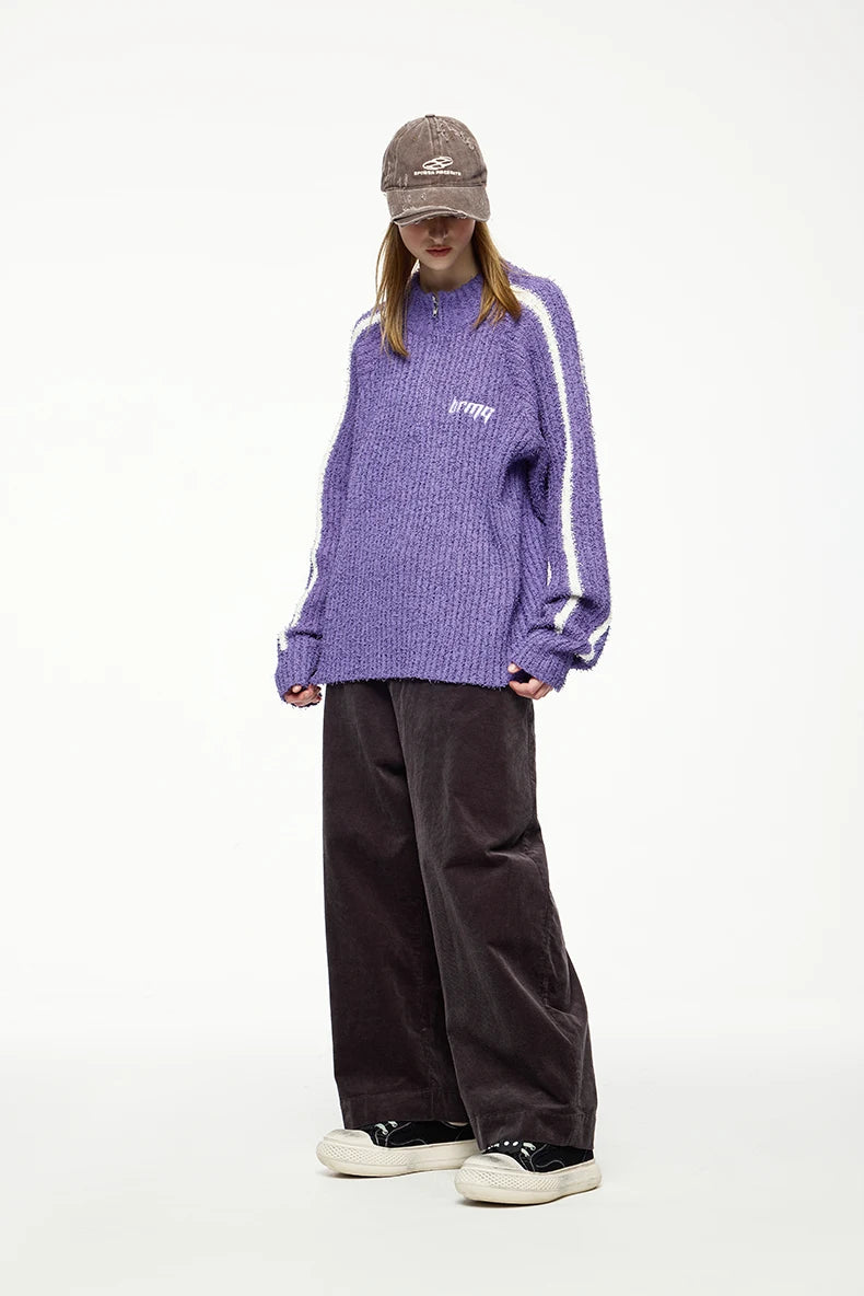 Model wearing the purple Textured Stripe Sweater 