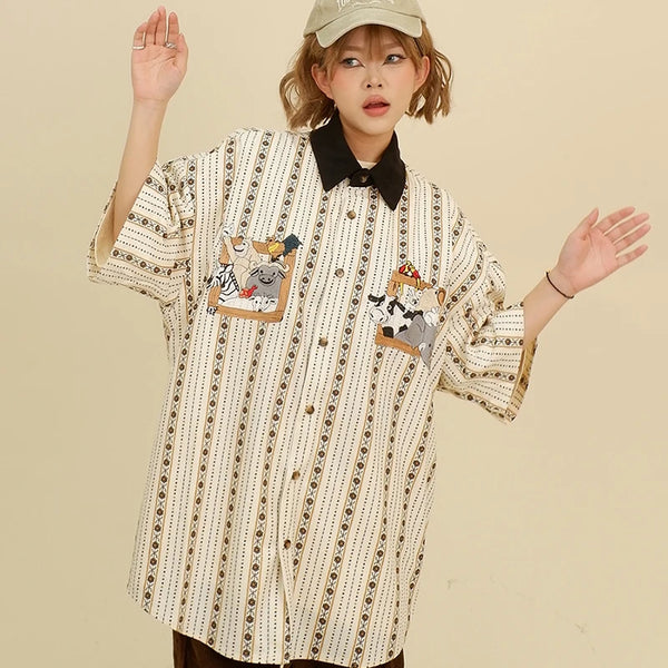 Cartoon Embroidery Pattern Vintage Shirt