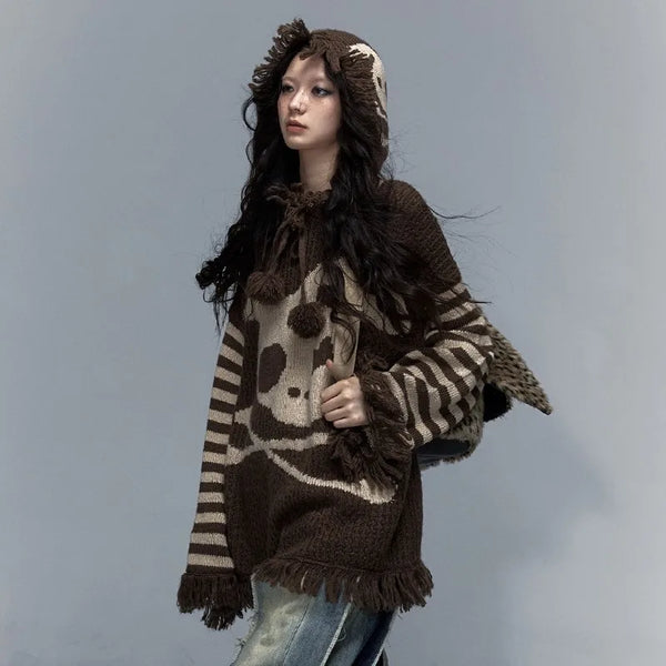 Model wearing the brown Fringed Animal Loose Sweater 