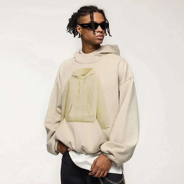 Model wearing the light khaki Minimalist Utility Hoodie 