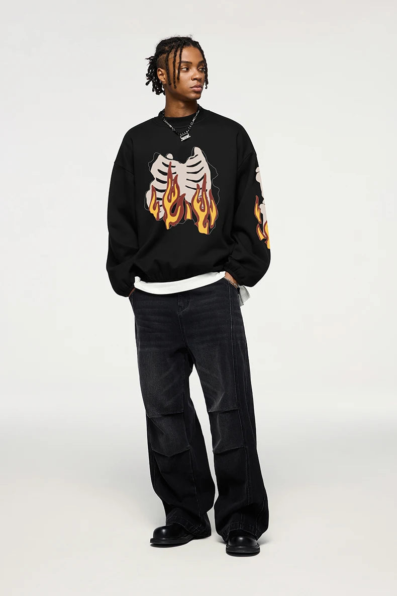 Model wearing the black Flaming Skeleton Sweatshirt