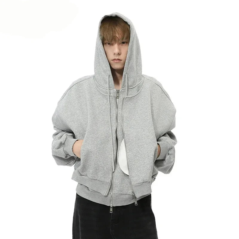 Model wearing the gray Casual Drawstring Hoodie