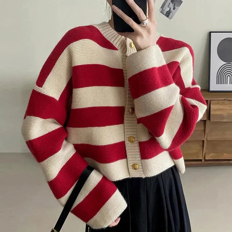 Model wearng the red Striped Button-Up Sweater