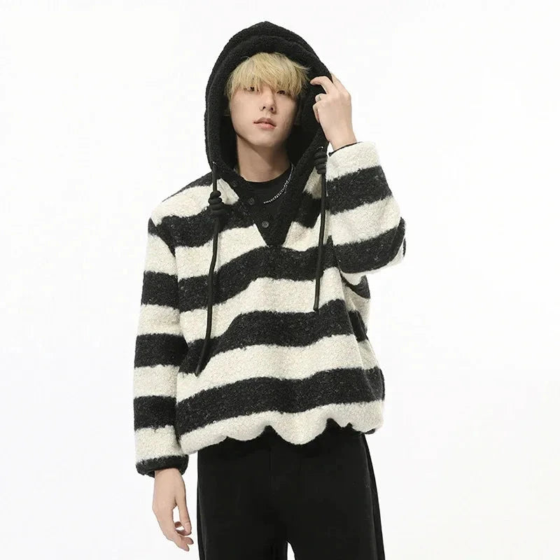 Model wearing the beige Striped Fluffy Hoodie