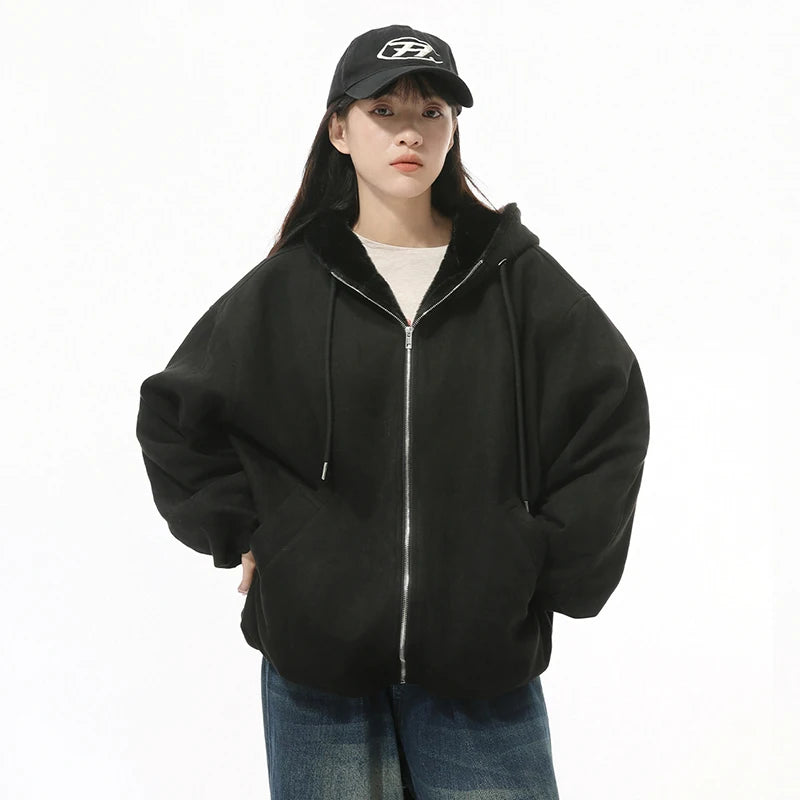 Model wearing thee black Oversized Casual Zip-Up Hoodie