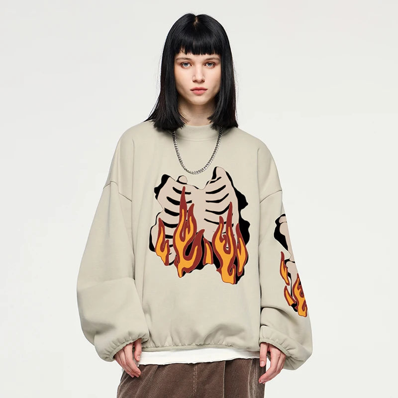 Model wearing the khaki Flaming Skeleton Sweatshirt