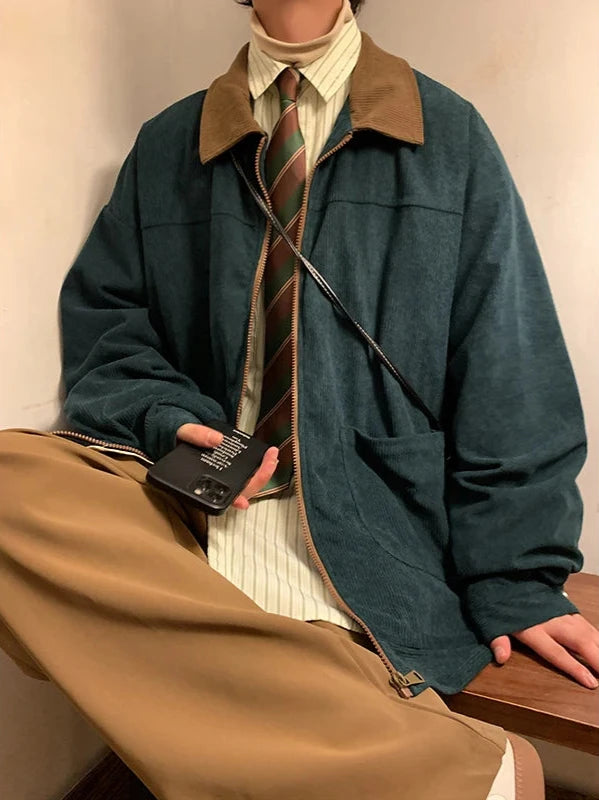 Model wearing the dark green Corduroy-Collar Bomber Jacket 