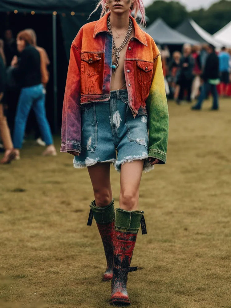 Model wearing the chroma Y2K Distressed Cropped Denim Jacket 